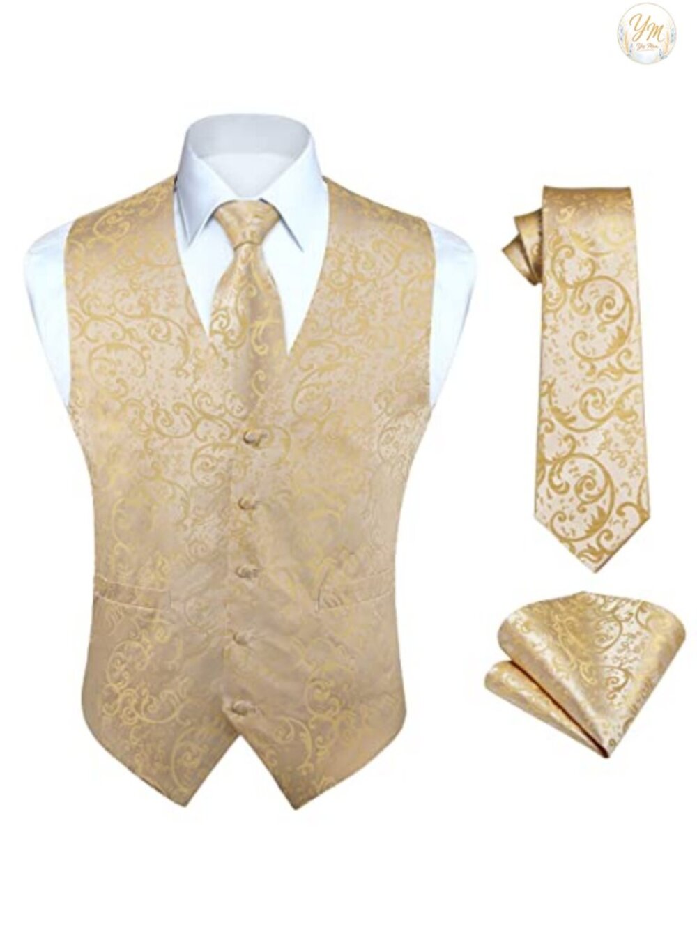HISDERN Men's Paisley Jacquard Vest Tie Pocket Square Set Formal Suit Waistcoat